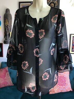 CAbi size XS La Di Da‎ Sheer Black Floral Chiffon Blouse Style #5206